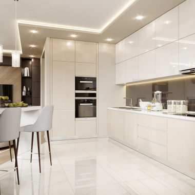 Угловая кухня в светлом исполнении